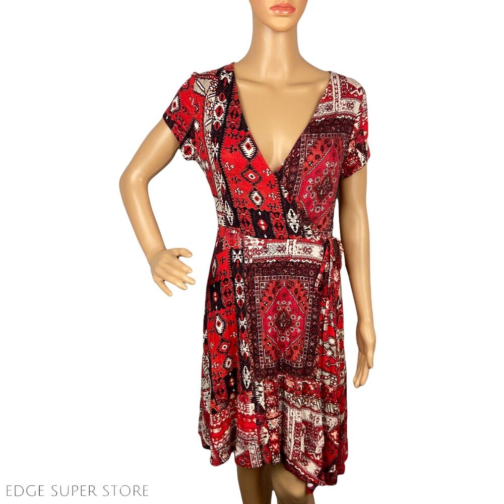 Angie Red Black Paisley Short Sleeve Stretch Floral Wrap V Neck Dress Size Small